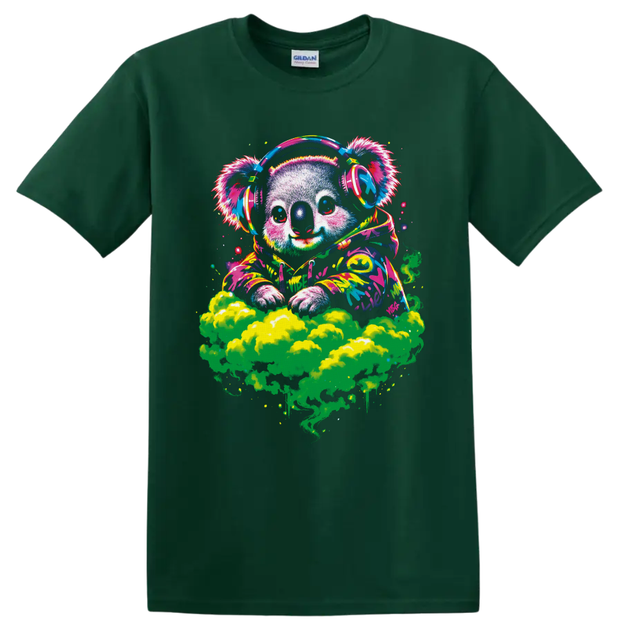 Psychedelic koala DJ in headphones and paint-splashed hoodie above green smoke on a Forest Green T Shirt