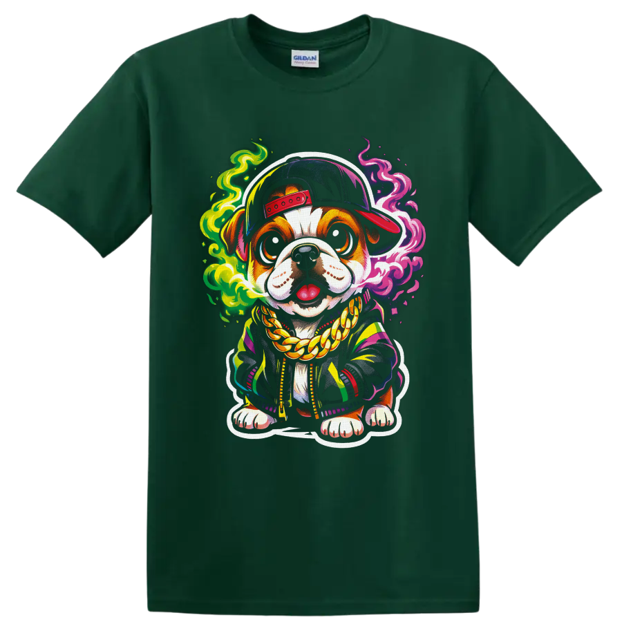 Cartoon dog in a backward cap and gold chain with colorful neon smoke on a Forest Green T Shirt