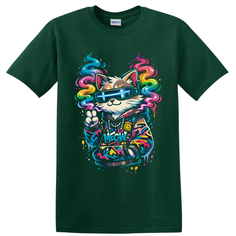 Graffiti-style cat DJ in neon visor shades with rainbow swirls and Meow text on a Forest Green T Shirt