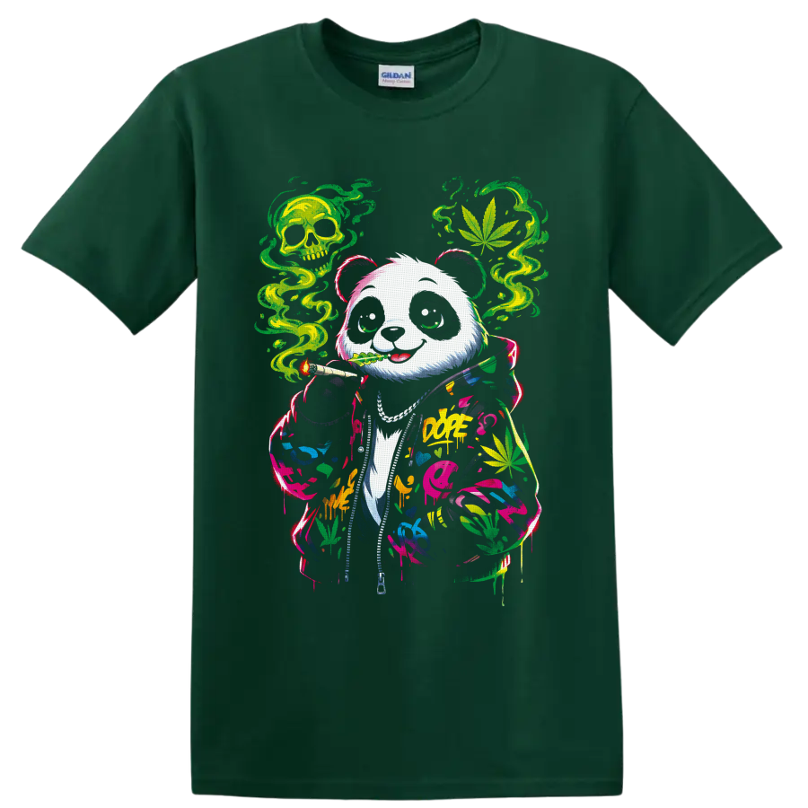 Graffiti panda in a paint-splashed hoodie with cannabis leaves, green smoke, and skull on a Forest Green T Shirt