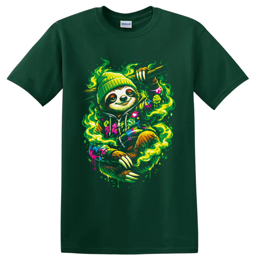 Psychedelic beanie-wearing sloth with green smoke swirls and colorful street-art splatter on a Forest Green T Shirt