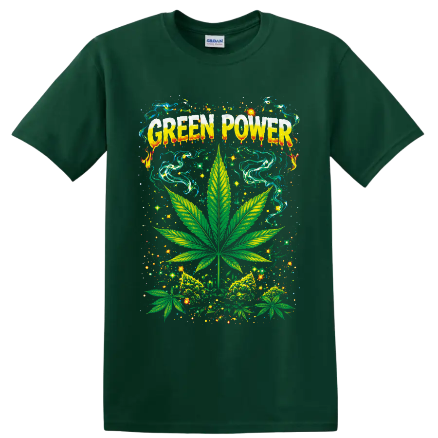 Green Power psychedelic cannabis leaf graphic with swirling smoke and sparkling stars on a Forest Green T Shirt