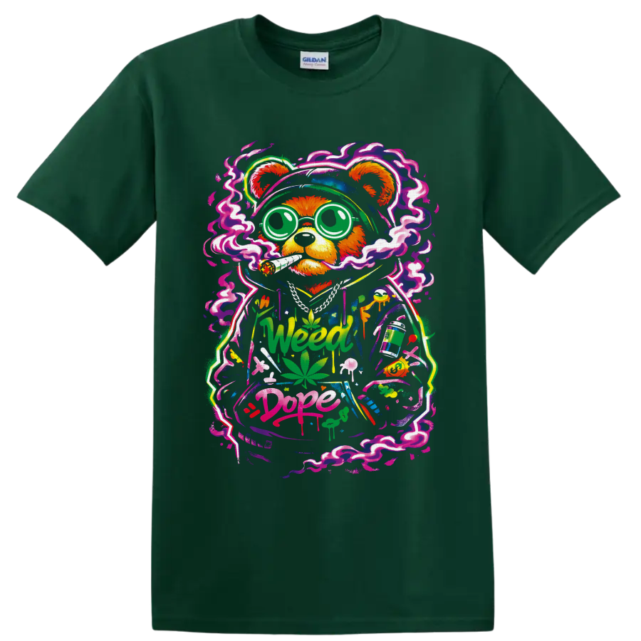 Cartoon cannabis bear with neon smoke, leaves, mushrooms, and Weed Dope graffiti on a Forest Green T Shirt