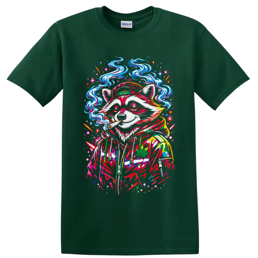 Psychedelic cannabis raccoon in cap and hoodie with swirling smoke and leaf on a Forest Green T Shirt