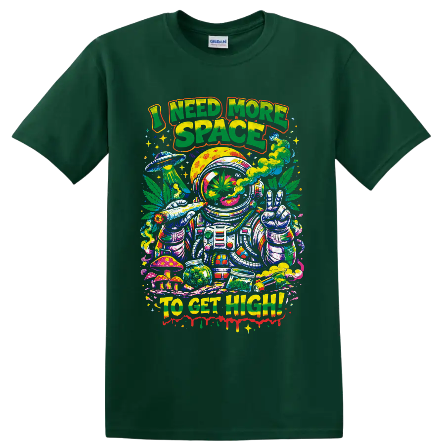 Psychedelic cannabis astronaut with peace sign, UFO, mushrooms, and I Need More Space text on a Forest Green T Shirt