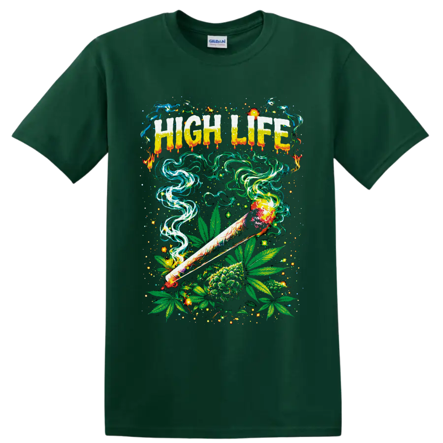 High Life psychedelic cannabis graphic with rolled smoke, leaves, flower, and neon swirls on a Forest Green T Shirt