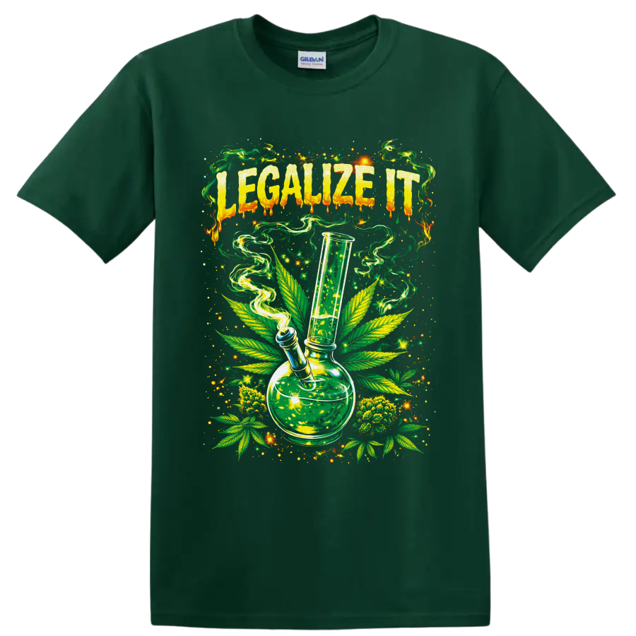 Legalize It psychedelic cannabis bong graphic with leaves, smoke, and starbursts on a Forest Green T Shirt