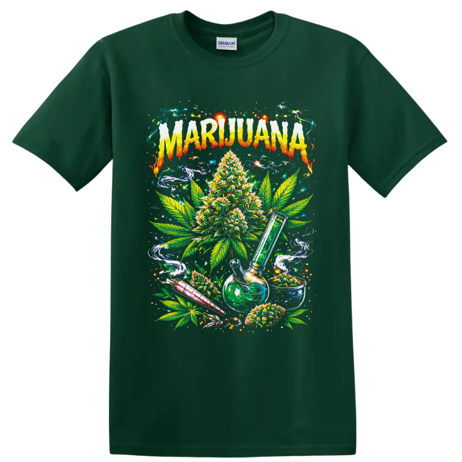 Psychedelic marijuana plant, leaves, glass water pipe, smoke swirls, and MARIJUANA text on a Forest Green T Shirt