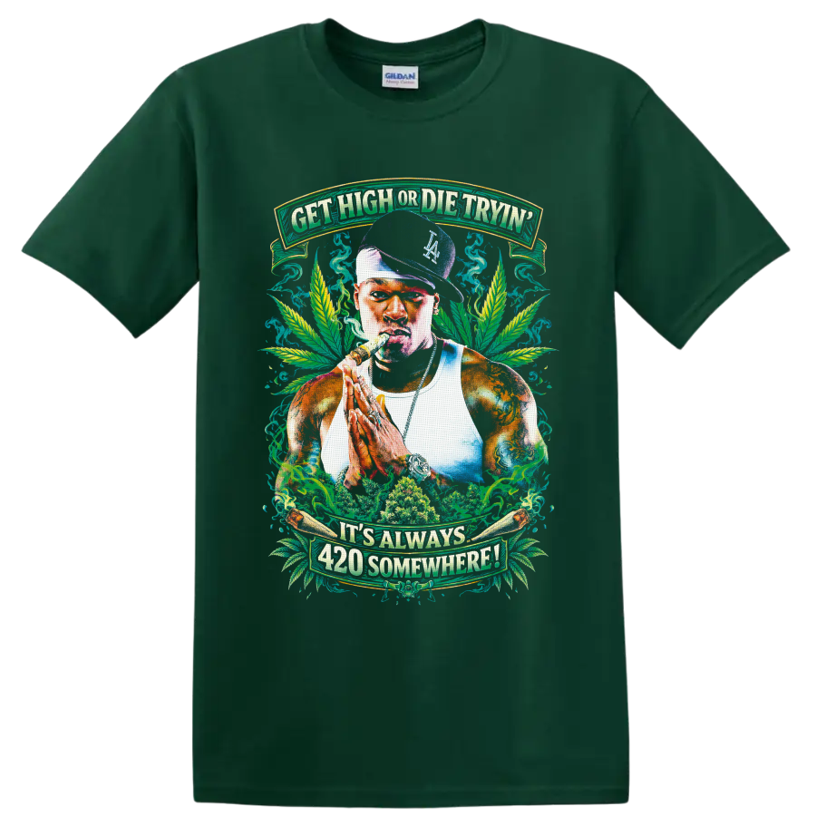 Stoner portrait with cannabis leaves, smoke, and It's Always 420 Somewhere banners on a Forest Green T Shirt