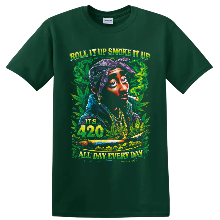 Psychedelic 420 smoker portrait with cannabis leaves and All Day Everyday text on a Forest Green T Shirt