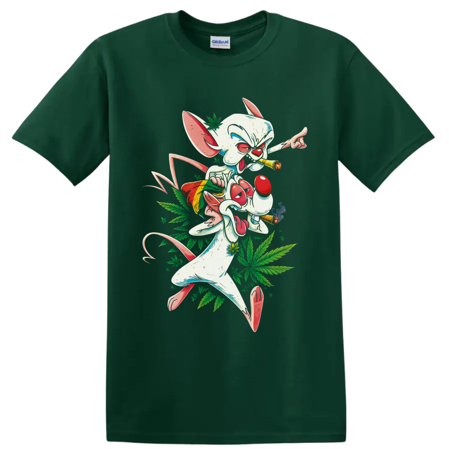 Pinky cartoon mouse smoking joints with snack bag and cannabis leaf graphic on a Forest Green T Shirt