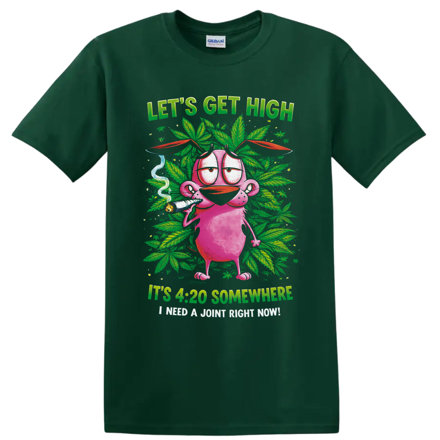 Pink cartoon character holding a joint amid cannabis leaves and 420 slogans on a Forest Green T Shirt