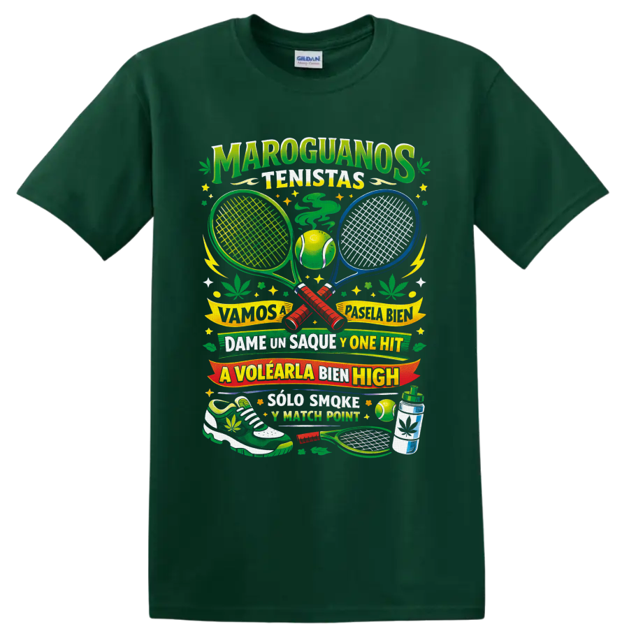 Retro cannabis tennis graphic with crossed rackets, ball, leaves, and Spanish wordplay on a Forest Green T Shirt
