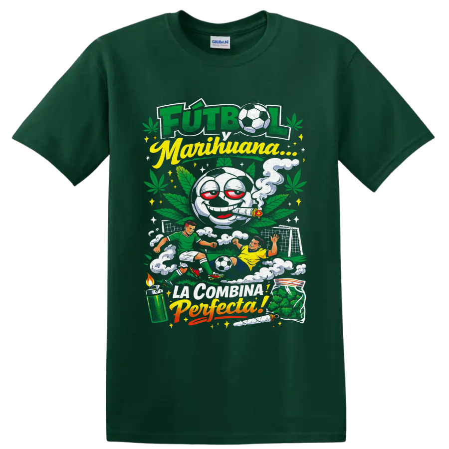 Smoking cartoon soccer ball with cannabis leaves, players, and Futbol y Marihuana text on a Forest Green T Shirt