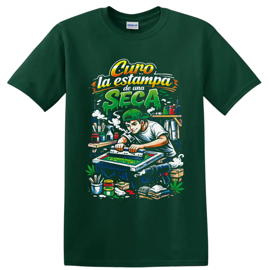 Retro cannabis screen printer illustration with squeegee, inks, smoke, and leafy accents on a Forest Green T Shirt
