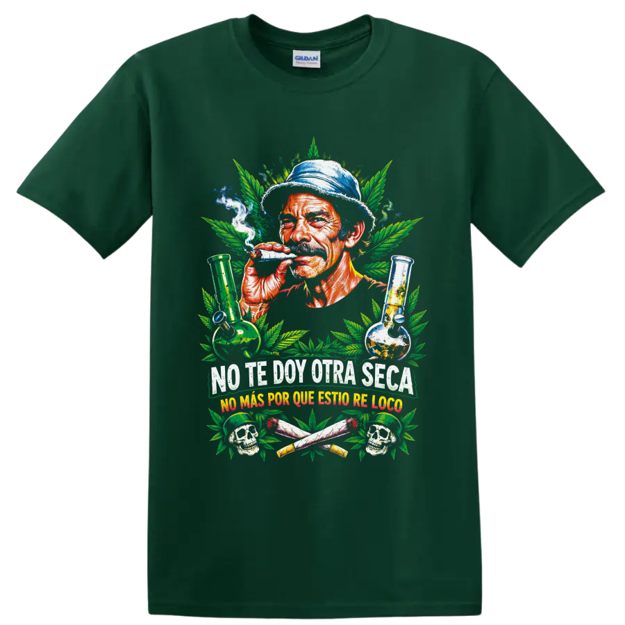 Smoking man with cannabis leaves, glass bongs, skulls, and Spanish slogans graphic on a Forest Green T Shirt