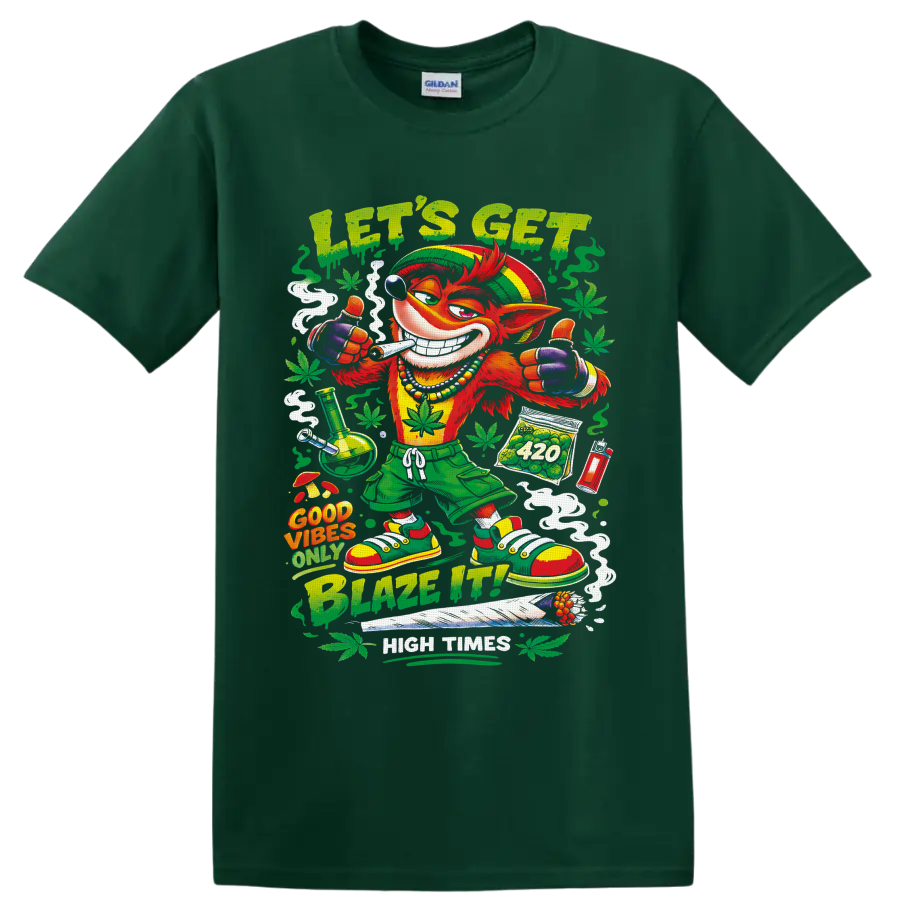 Crash Bandicoot-inspired retro 420 cartoon with Let's Get Blazed text and cannabis leaves on a Forest Green T Shirt
