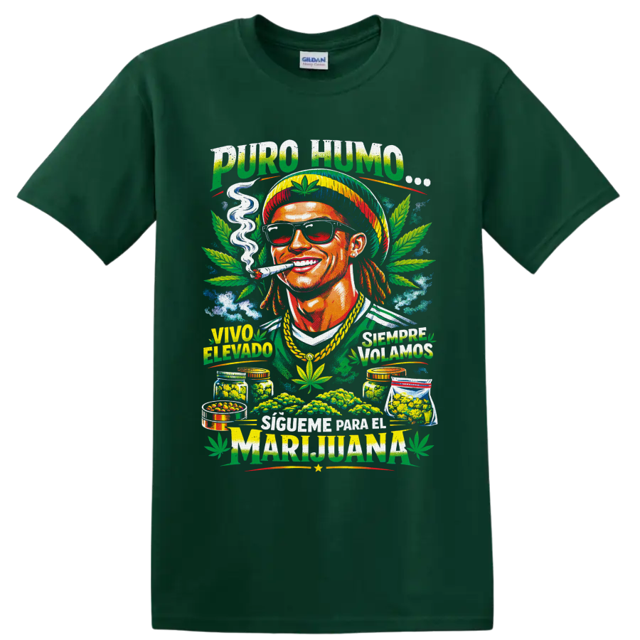 Colorful 420 cannabis graphic with smiling smoker, sunglasses, leaves, and Spanish on a Forest Green T Shirt