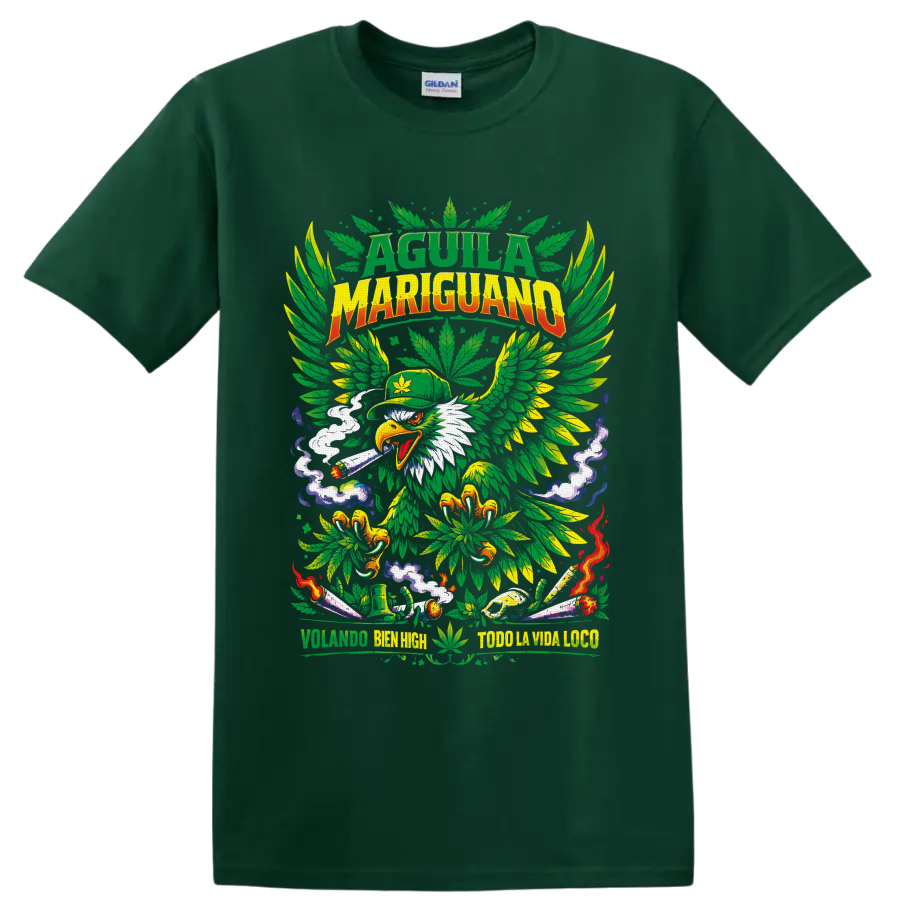 Cannabis eagle with leaf wings, lit rolled smoke, and psychedelic 420 artwork on a Forest Green T Shirt
