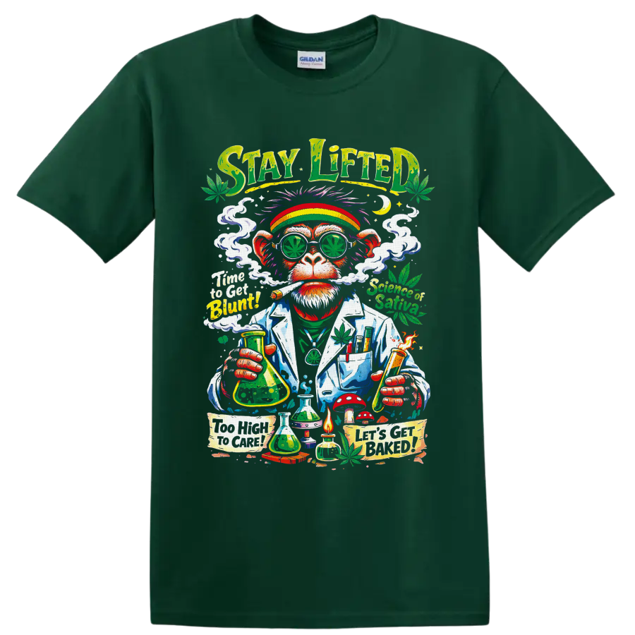 Psychedelic cannabis ape scientist graphic with leaf glasses, smoke, and lab glassware on a Forest Green T Shirt
