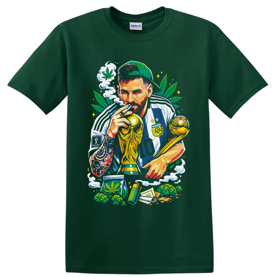 Colorful number 10 soccer champion with gold trophies, cannabis leaves, and smoke on a Forest Green T Shirt