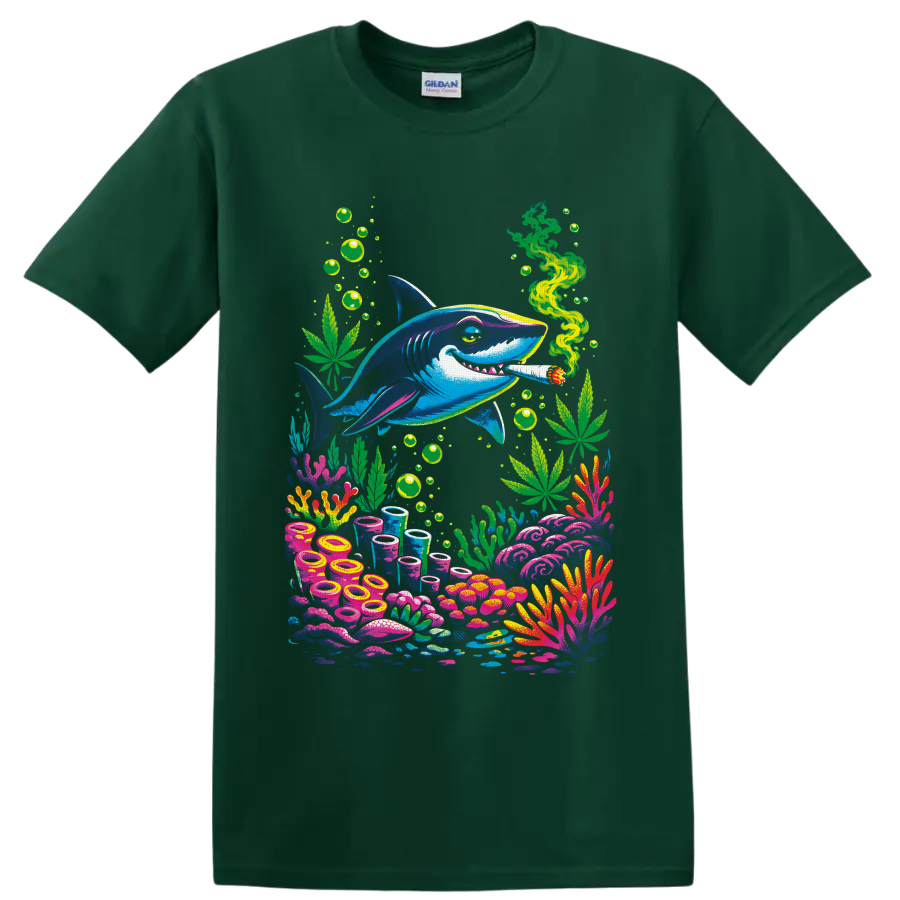 Psychedelic blue shark with cannabis leaves, green smoke, bubbles, and colorful coral reef on a Forest Green T Shirt