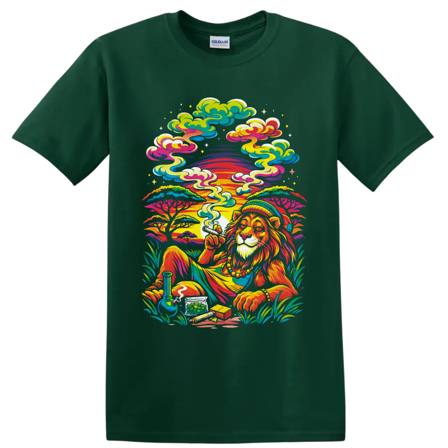 Psychedelic cannabis lion with sunset, smoke, water pipe, buds, and swirling clouds on a Forest Green T Shirt