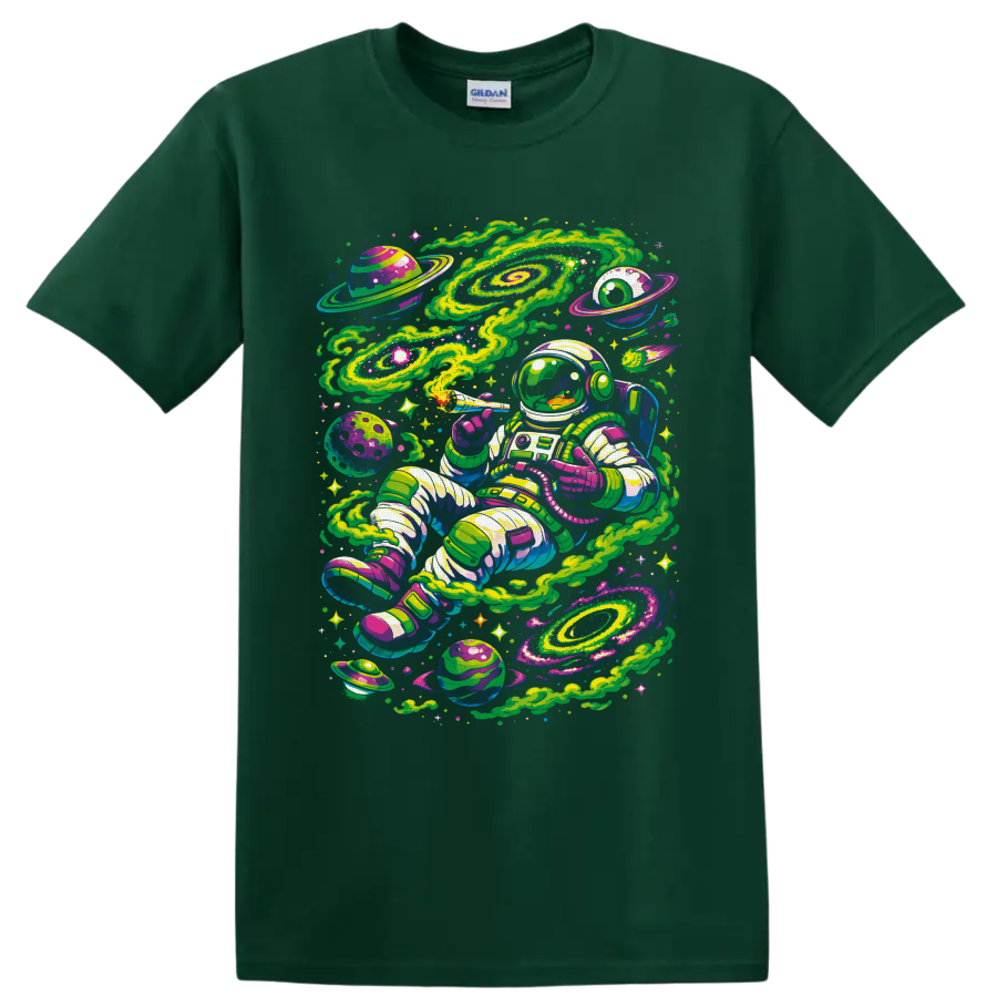 Psychedelic astronaut smoking a joint among neon galaxies, planets, and stars on a Forest Green T Shirt
