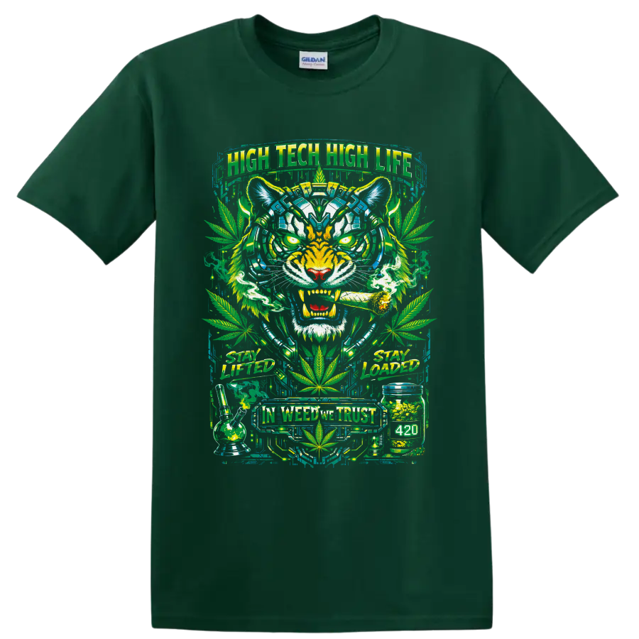 Neon cyberpunk tiger with cannabis leaves, bong, jar, and 420 street-art text on a Forest Green T Shirt