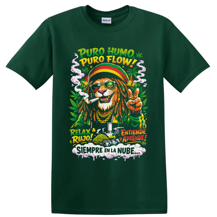 Rasta-style lion in cannabis leaf shades with smoke, peace sign, and Spanish 420 text on a Forest Green T Shirt