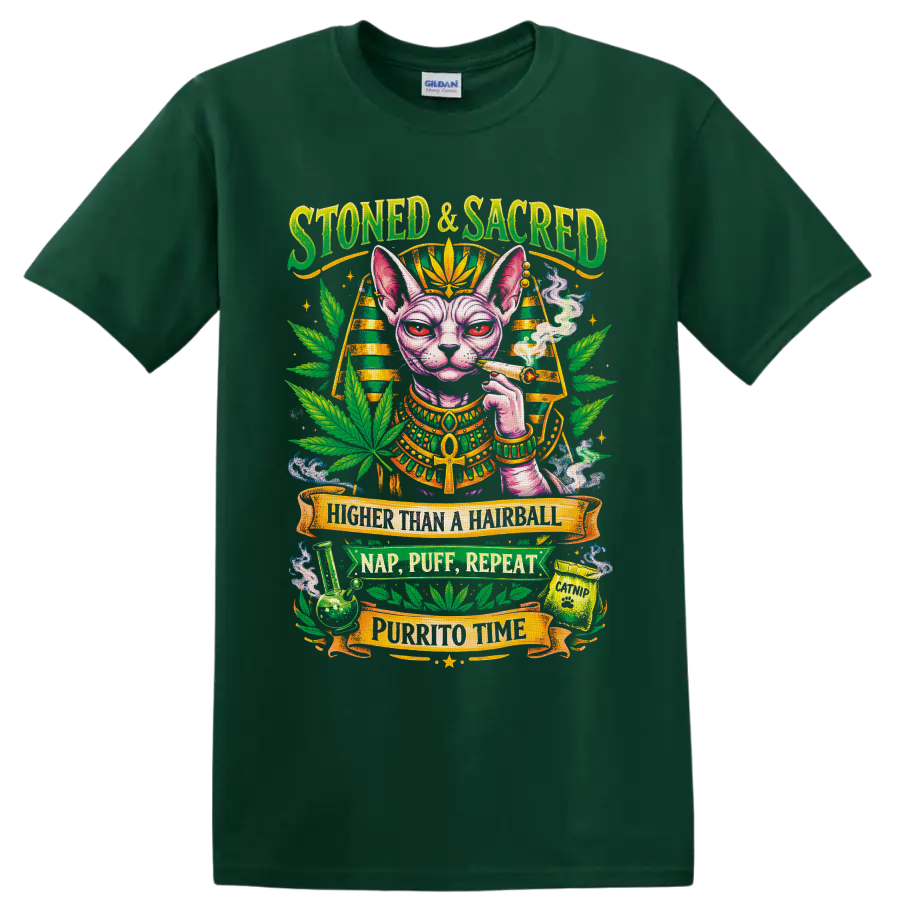 Egyptian-inspired Sphynx cat cannabis graphic with Stoned & Sacred banner text on a Forest Green T Shirt