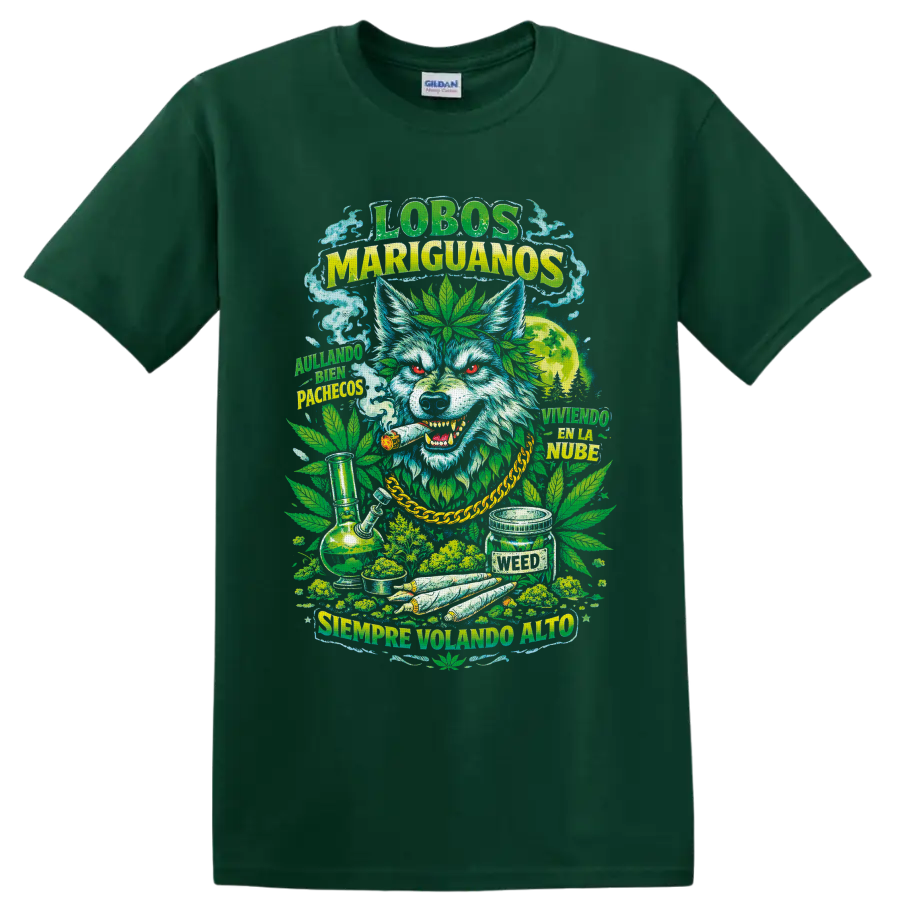 Psychedelic cannabis wolf with marijuana leaves, moon, smoke, and Spanish lettering on a Forest Green T Shirt
