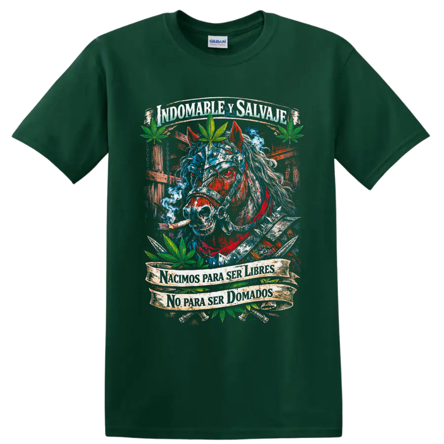 Distressed blue and red horse with cannabis leaves and Spanish freedom banners on a Forest Green T Shirt