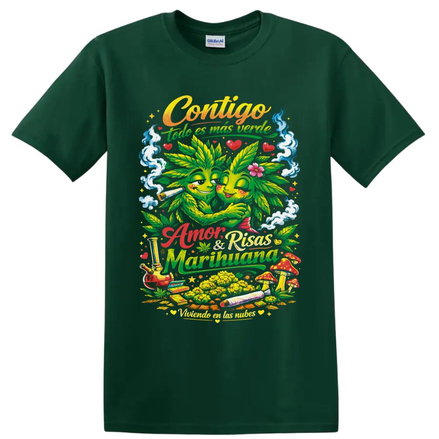 Psychedelic hugging cannabis leaf couple with mushrooms, smoke, hearts, and Spanish on a Forest Green T Shirt