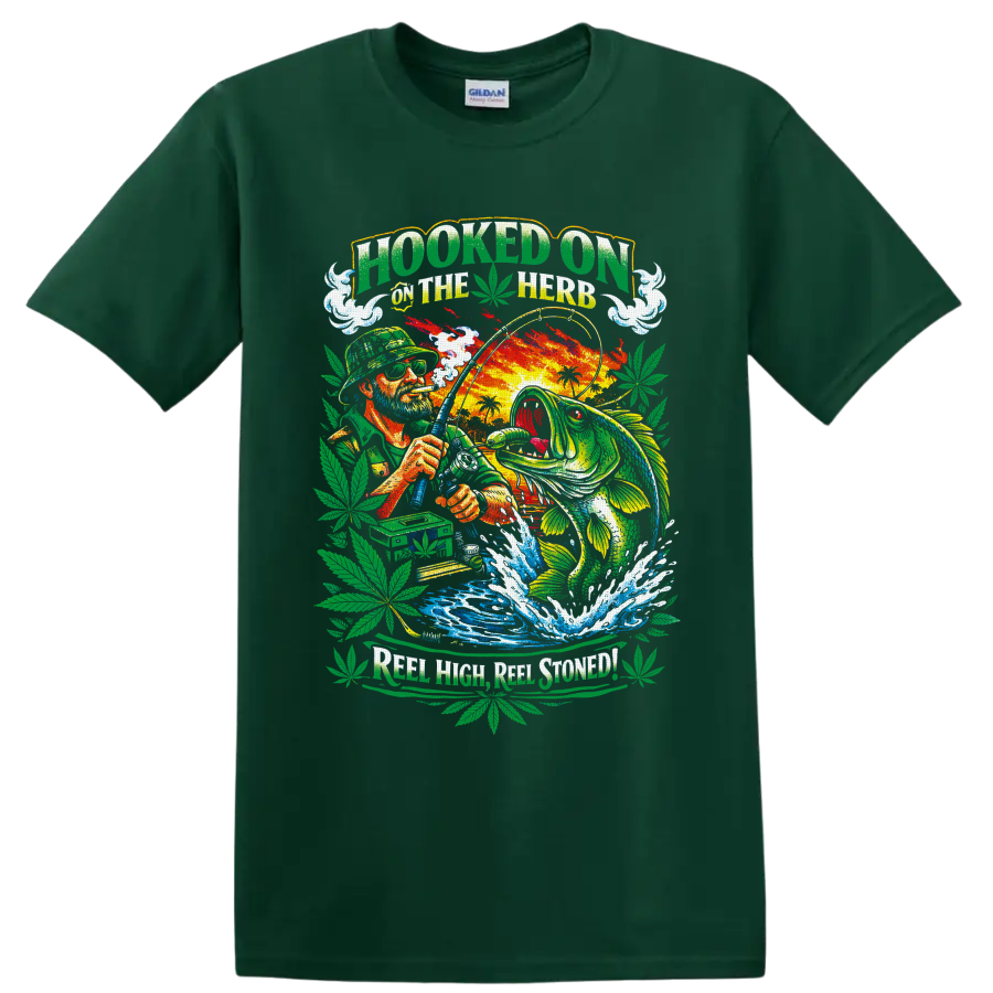 Bass angler and leaping fish in colorful cannabis fishing graphic with Hooked on the Herb on a Forest Green T Shirt