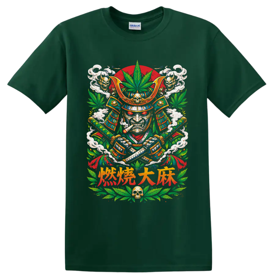 Cannabis samurai warrior graphic with katana swords, skulls, smoke, and leaves on a Forest Green T Shirt