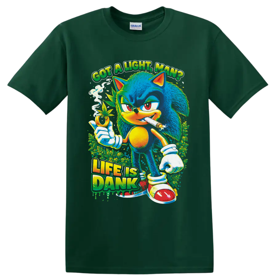 Psychedelic Sonic the Hedgehog 420 cannabis art with Got a Light, Man? text on a Forest Green T Shirt