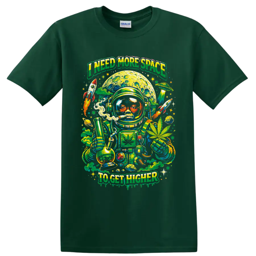 Psychedelic cannabis astronaut with moon, bong, rockets, and I Need More Space text on a Forest Green T Shirt