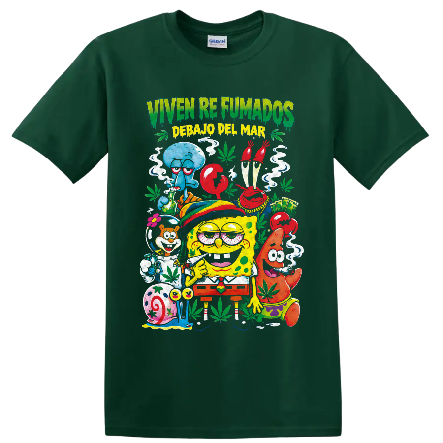SpongeBob and Bikini Bottom friends in a colorful 420 cannabis cartoon collage on a Forest Green T Shirt