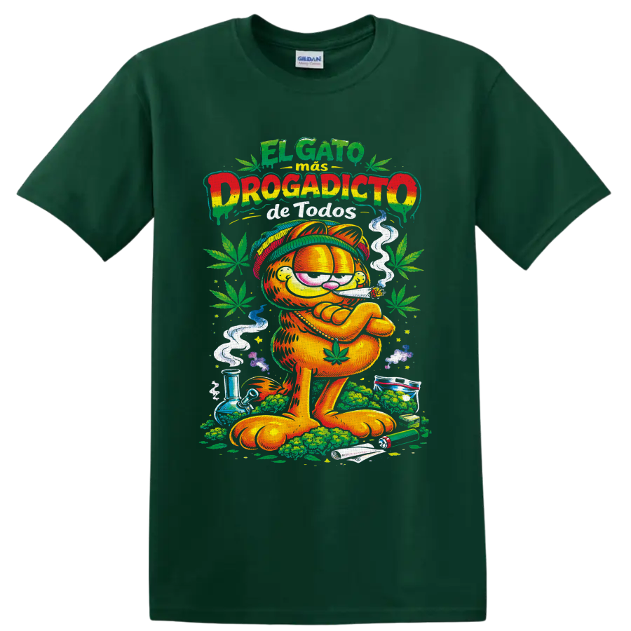 Garfield 420 Rastafari cartoon with cannabis leaves, smoke, and Spanish lettering on a Forest Green T Shirt
