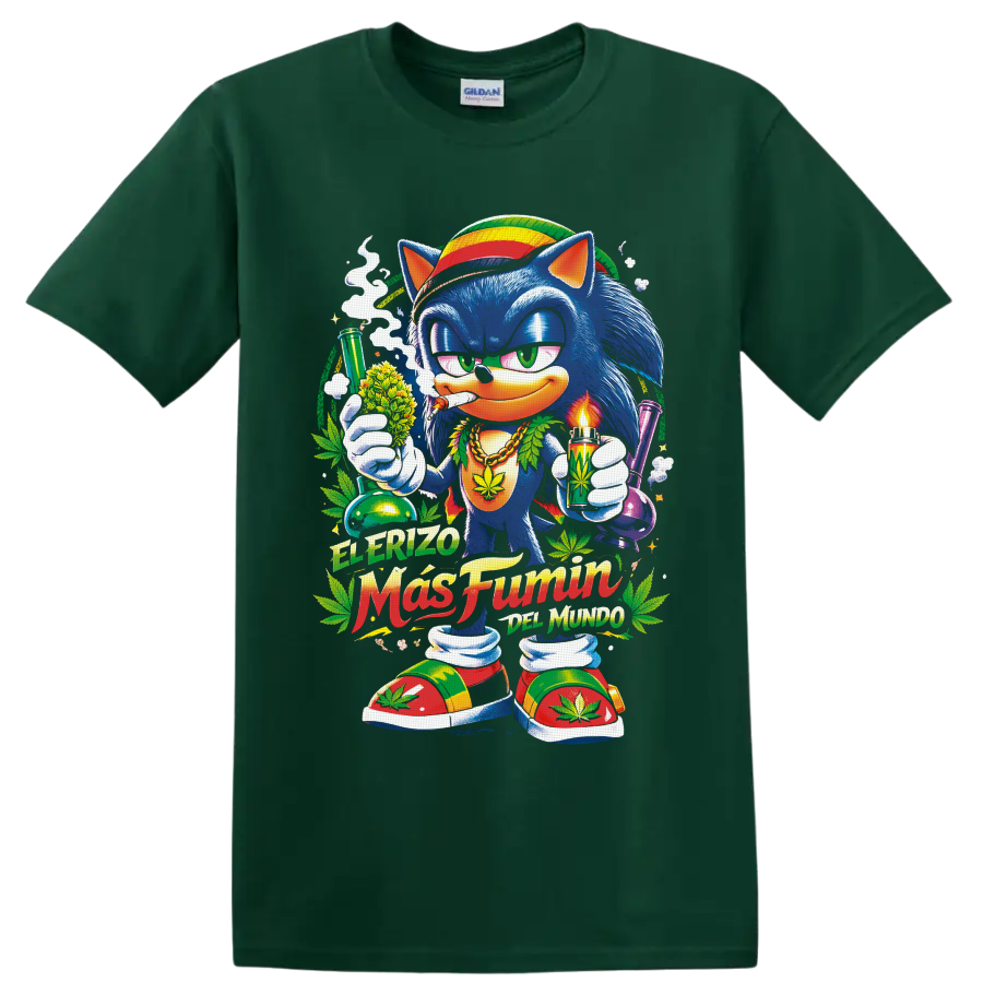 Blue cartoon hedgehog with cannabis leaves, glass pipes, and El Erizo Más Fumón text on a Forest Green T Shirt