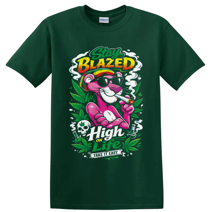 Retro pink smoking cat with cannabis leaves, Stay Blazed and High on Life text on a Forest Green T Shirt