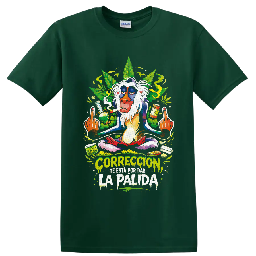 Psychedelic mandrill cannabis graphic with leaves, smoke, pipe, and dripping Spanish on a Forest Green T Shirt