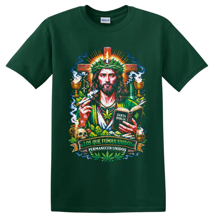 Jesus cannabis sacred art graphic with cross, leaf crown, smoke, and Spanish unity banner on a Forest Green T Shirt