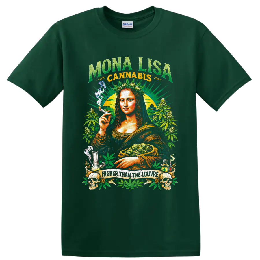 Mona Lisa cannabis collage with buds, leaves, skulls, smoke, and Higher Than the Louvre on a Forest Green T Shirt