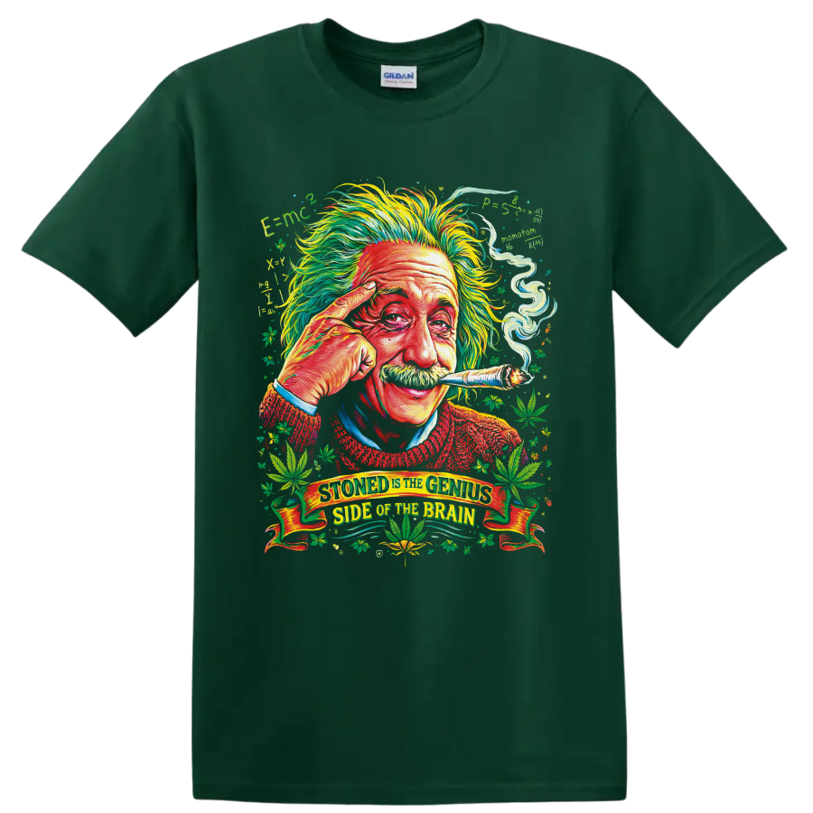 Psychedelic Albert Einstein portrait with cannabis leaves and smoke on a Forest Green T Shirt