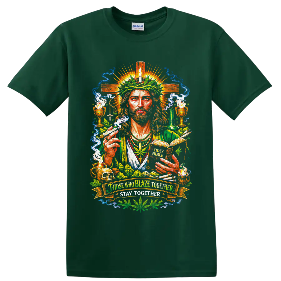 Psychedelic Cannabis Jesus with leaf crown, Holy Bible, cross, smoke, and chalices on a Forest Green T Shirt