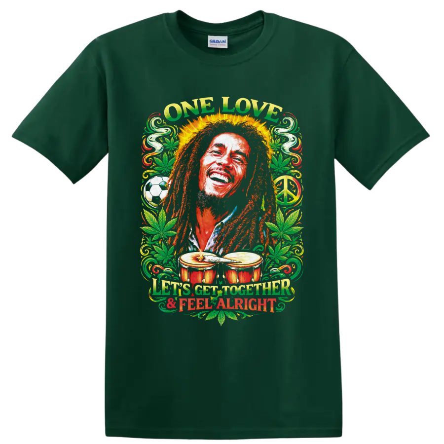 Bob Marley reggae portrait with One Love text, cannabis leaves, drums, and peace sign on a Forest Green T Shirt