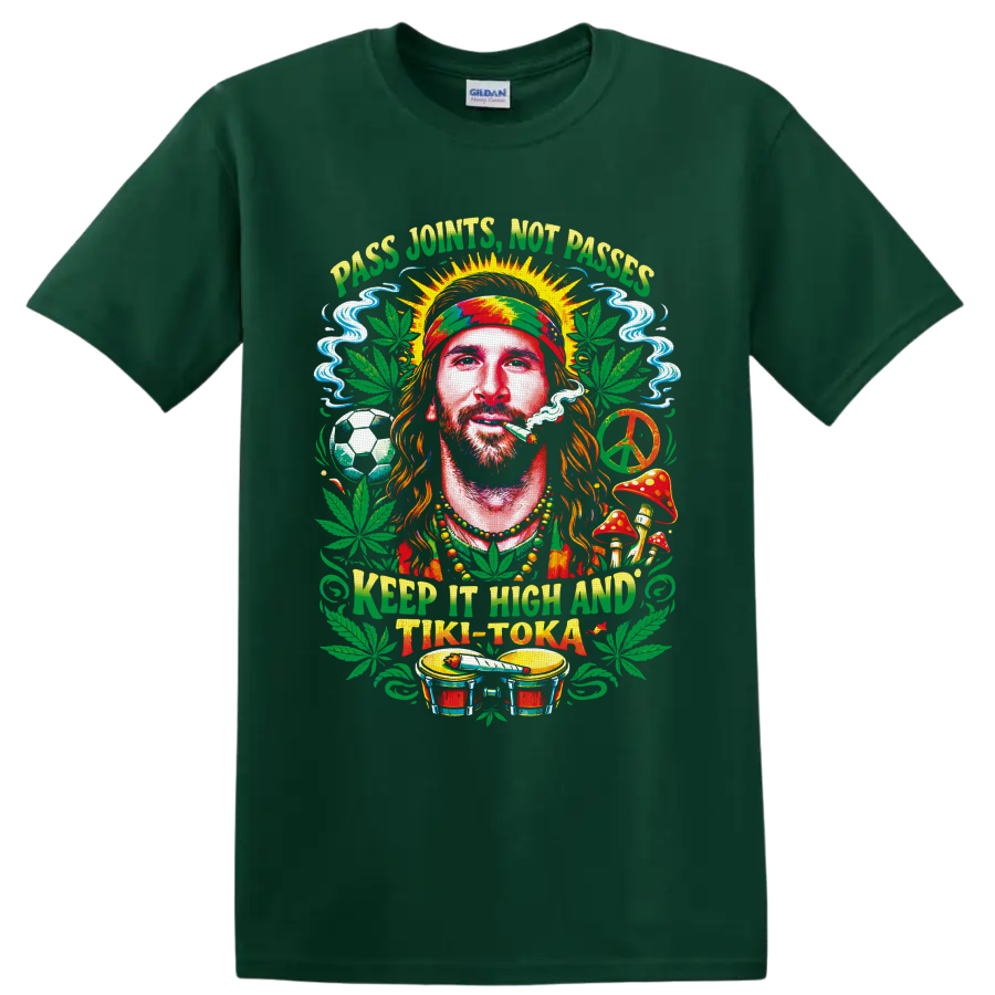 Rasta-style cannabis portrait with soccer ball, peace sign, bongos, and Tiki-Toka text on a Forest Green T Shirt