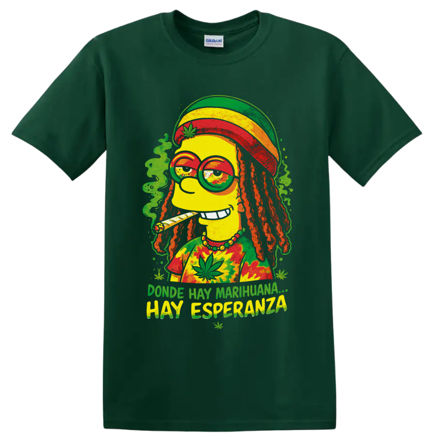 Homer Simpson rasta cannabis cartoon with dreadlocks and Spanish 420 text on a Forest Green T Shirt